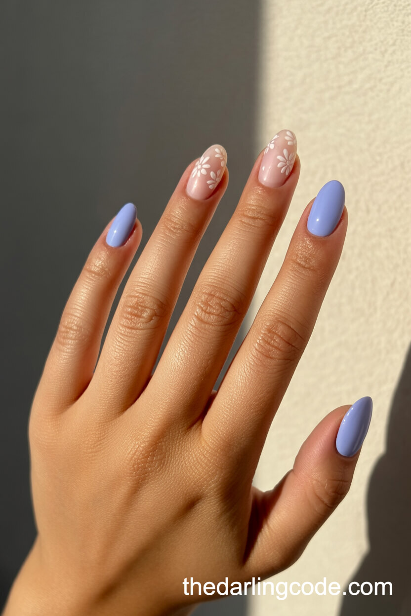 Periwinkle Base With Hand-Painted White Florals On Oval Nails