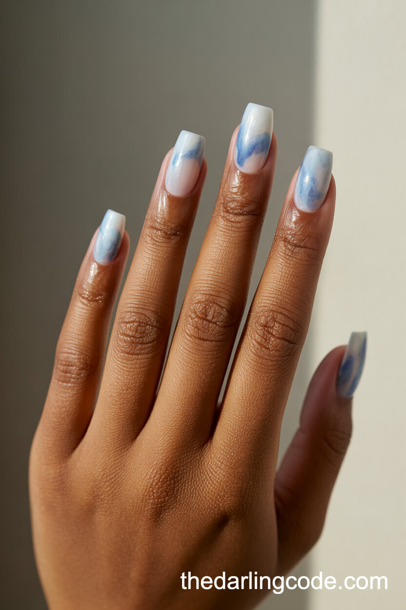Watercolor Wash Effect In Blue And White On Coffin Nails