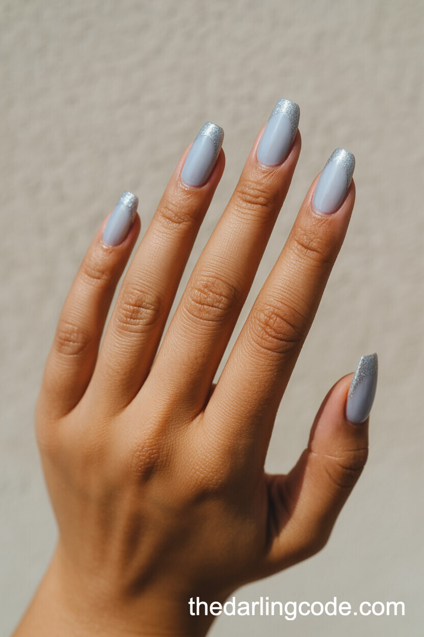 Misty Soft Blue Squovals With Silver Glitter Tips