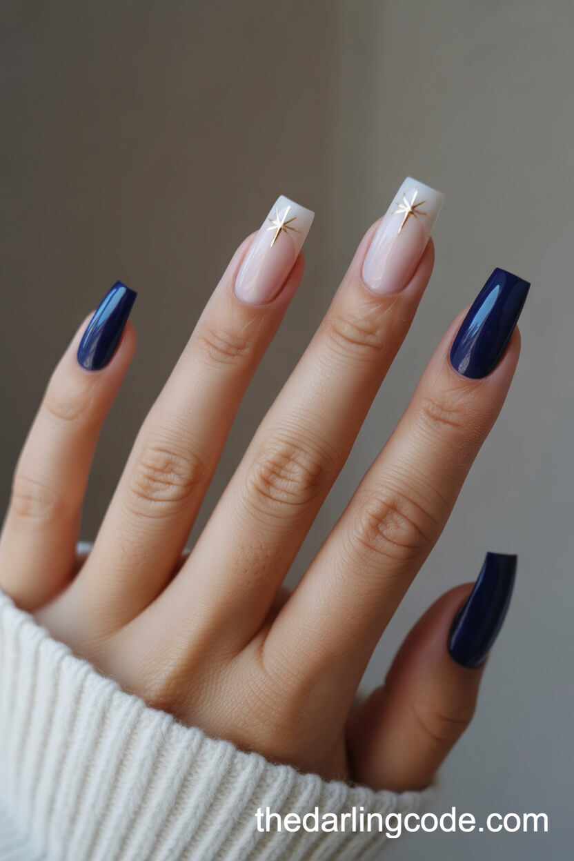 Midnight Blue Square Nails With Dainty Gold Star Accents