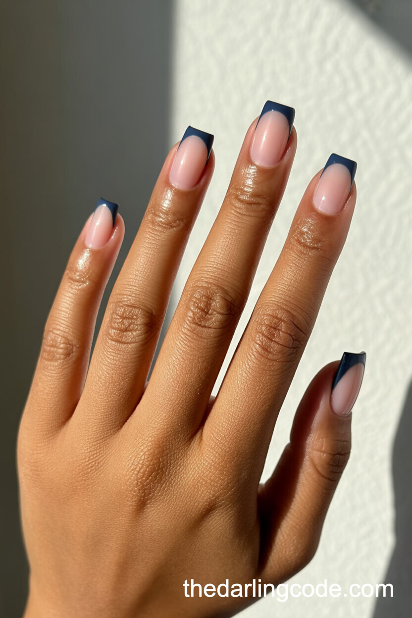 Navy Blue French Tips On Nude Square Nails