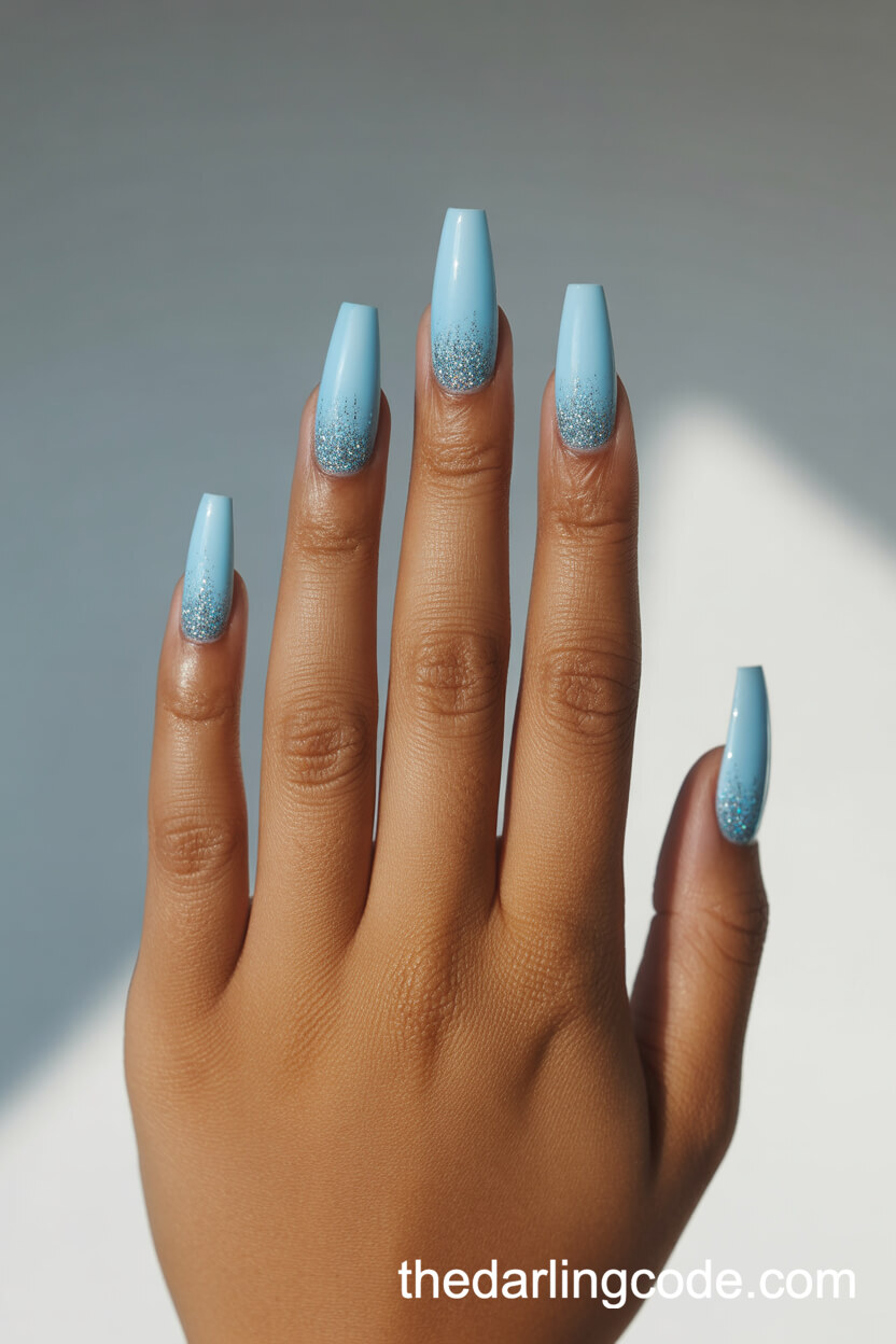 Baby Blue To Silver Glitter Ombre Coffin Nails