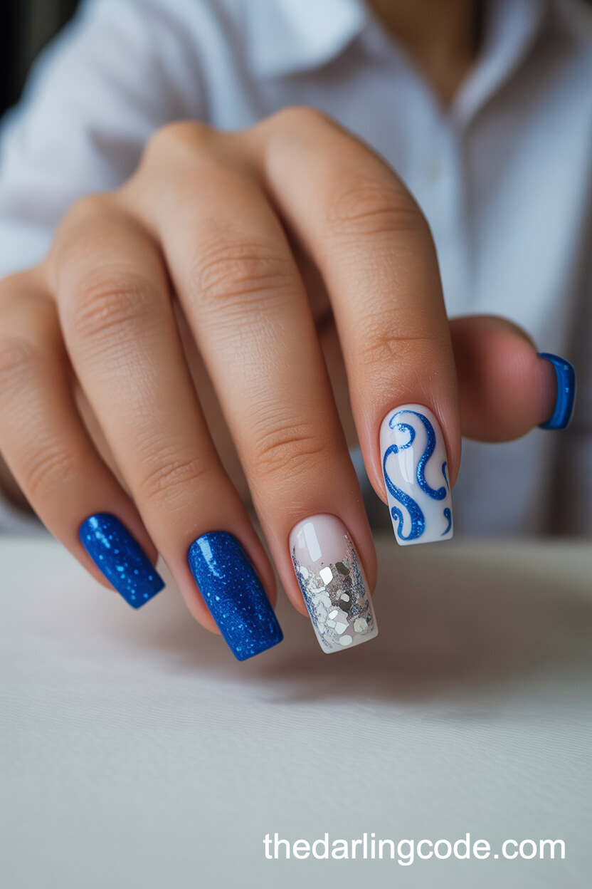 Royal Blue Glitter With Silver Swirl Accent Square Nails