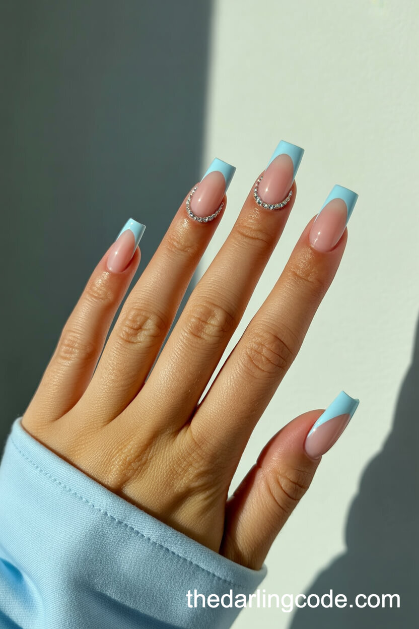 Nude Pink Coffin Nails With Pastel Blue Tiara Crystal Tips