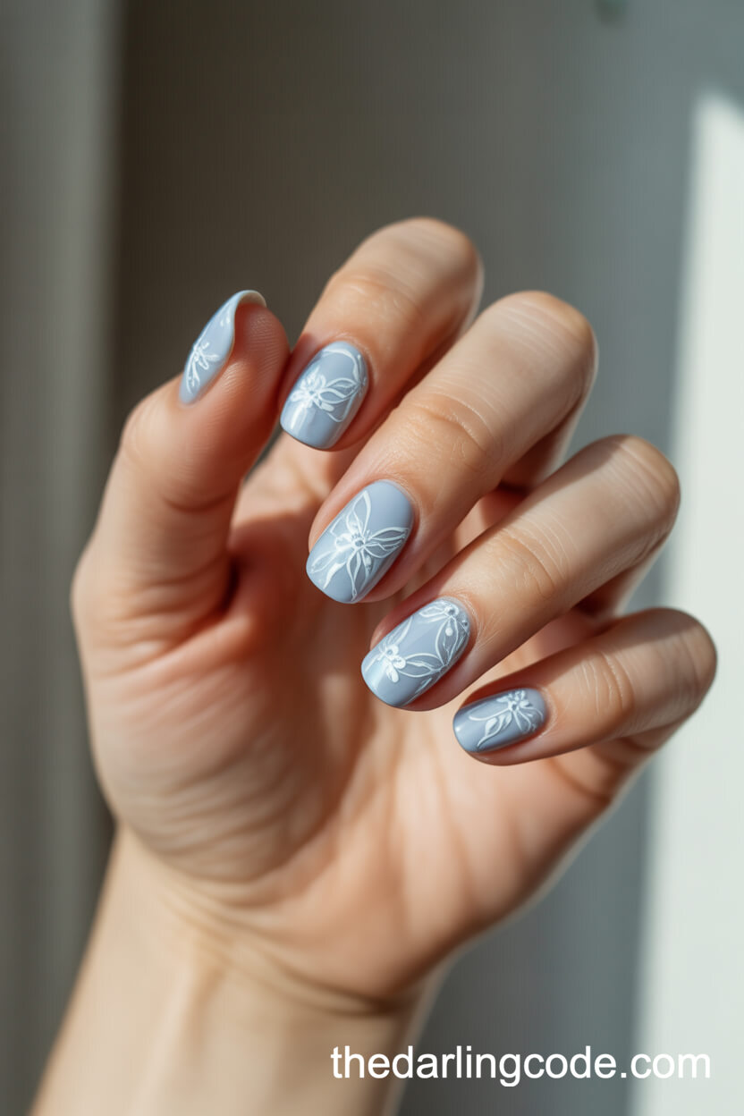 Pale Blue Lace Pattern On Ballerina Nails