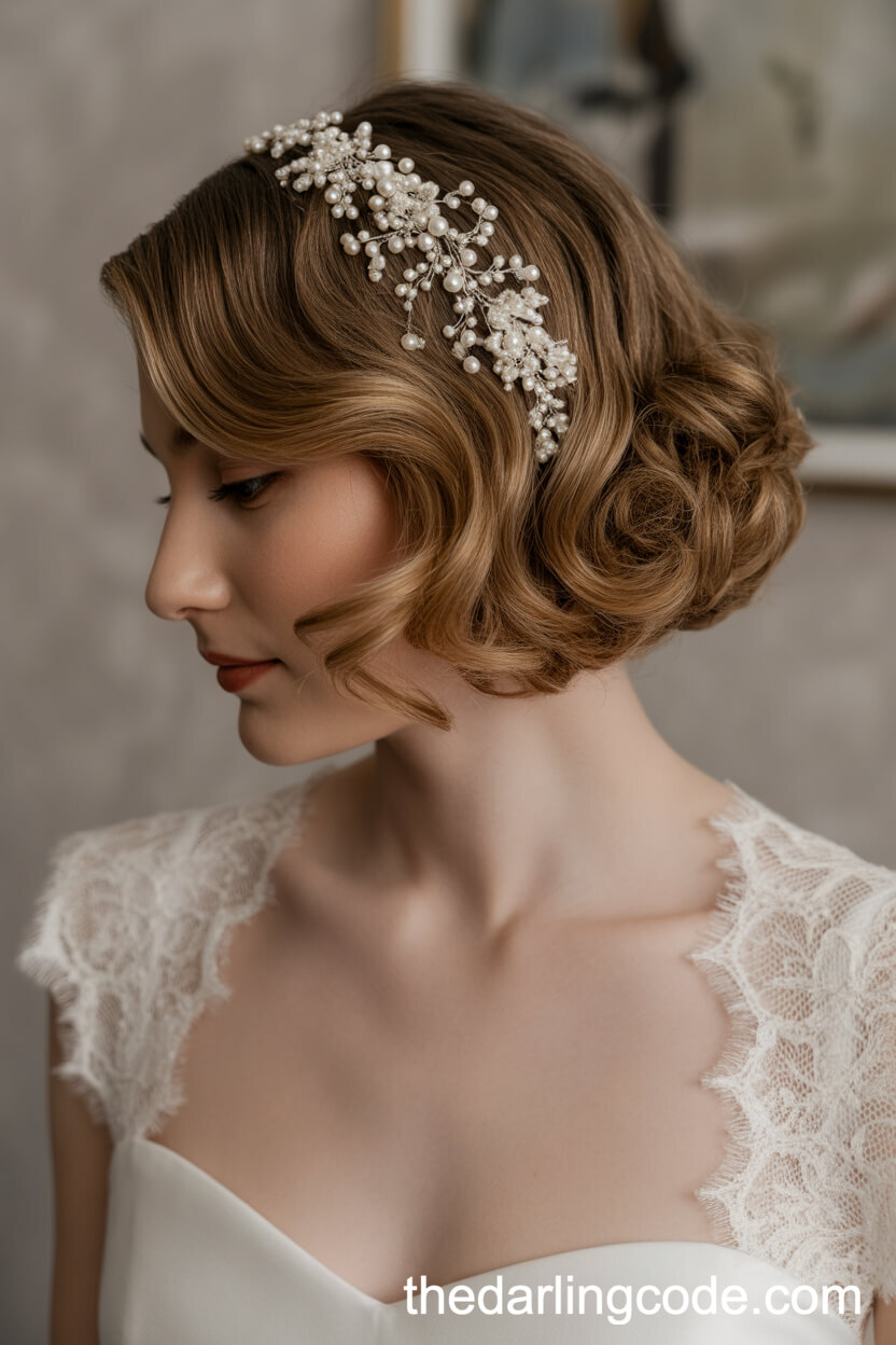Classic Curled Bob With Elegant Pearl Bridal Hairpiece
