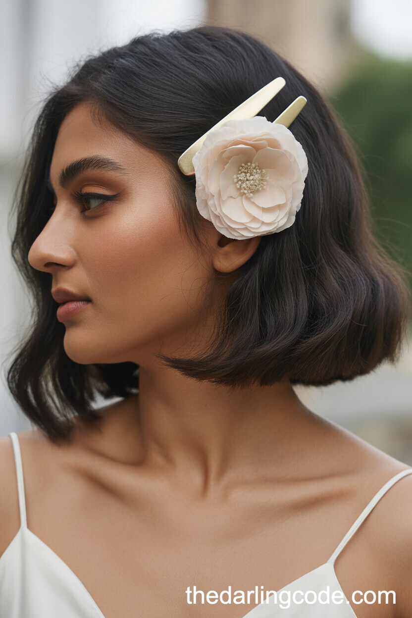 Polished Glossy Bob With Luxury Floral Hair Clip