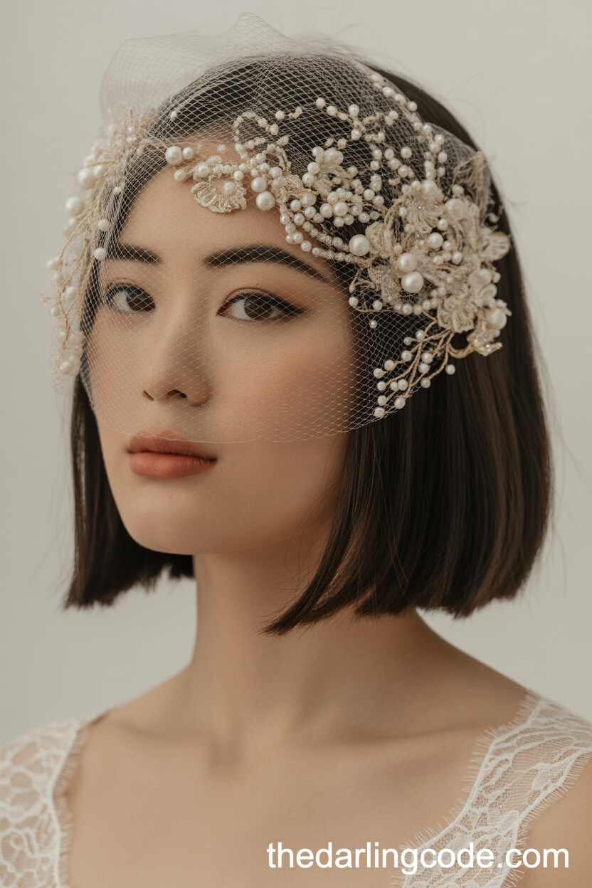 Straight Chin-Length Bob With Lace And Pearl Hair Net