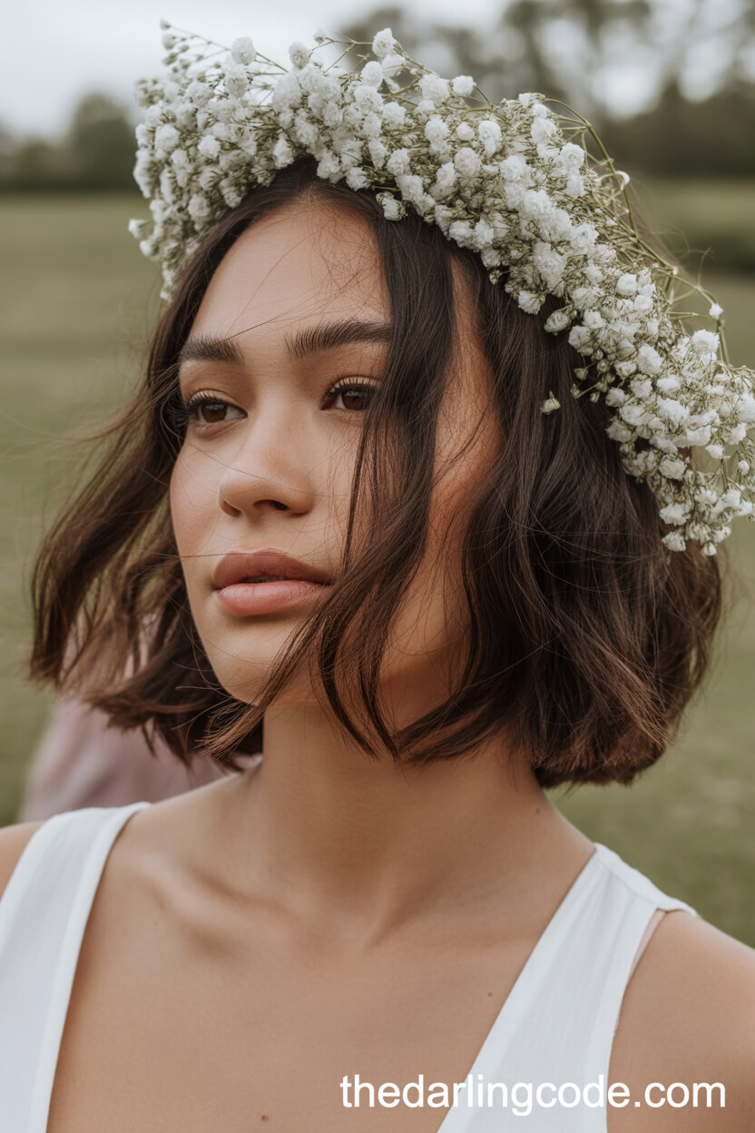 Textured Tousled Bob With Baby’s Breath Flowers