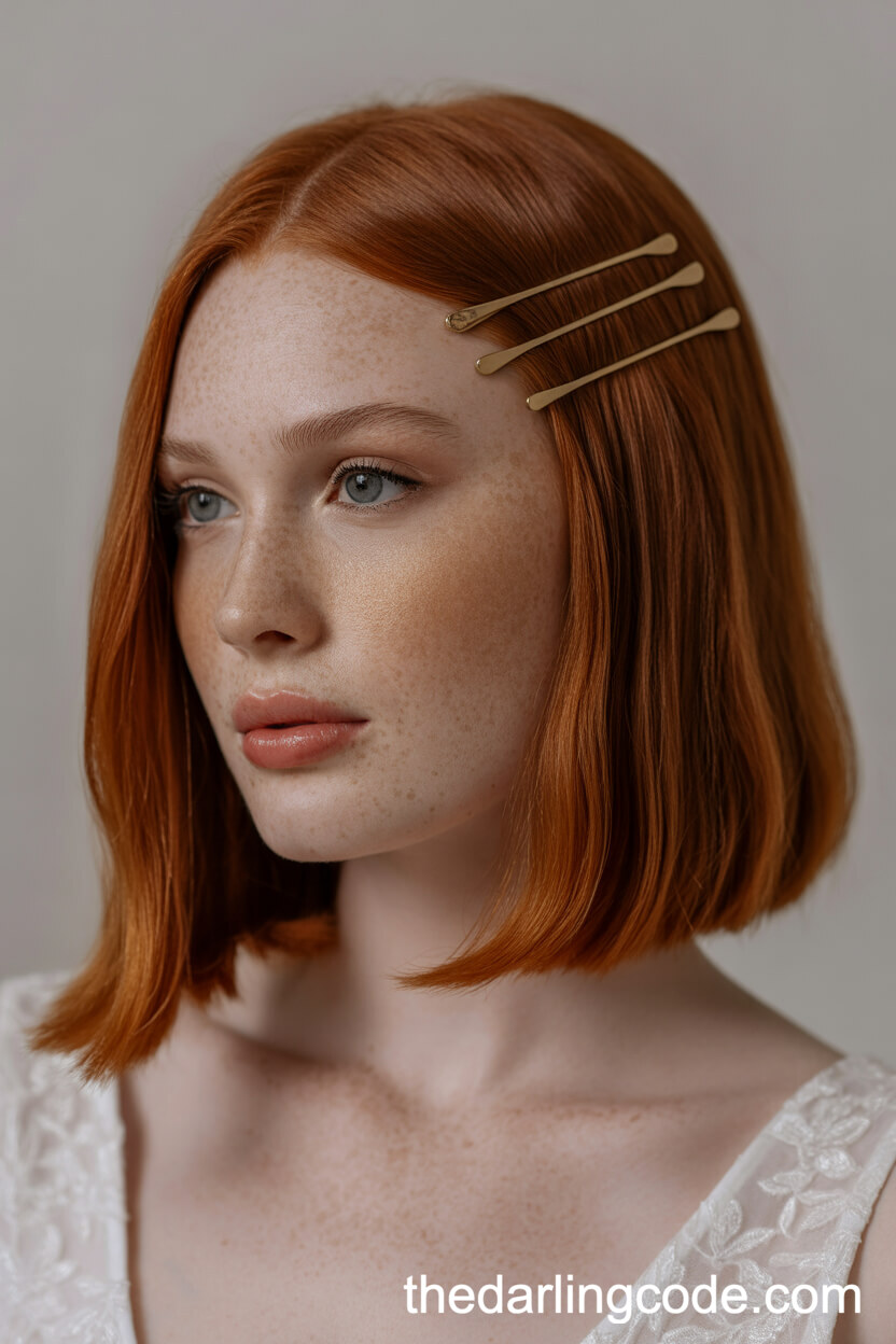 Super Glossy Straight Bob With Minimalist Gold Pins
