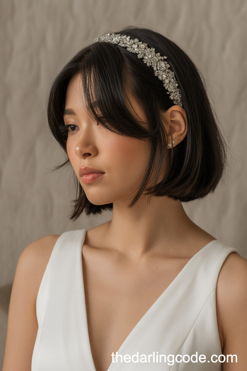 Chin-Length Bob With Side-Swept Bangs And Jeweled Headband