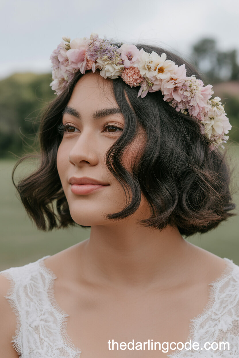 Soft Wavy Bob With Delicate Pastel Flower Crown