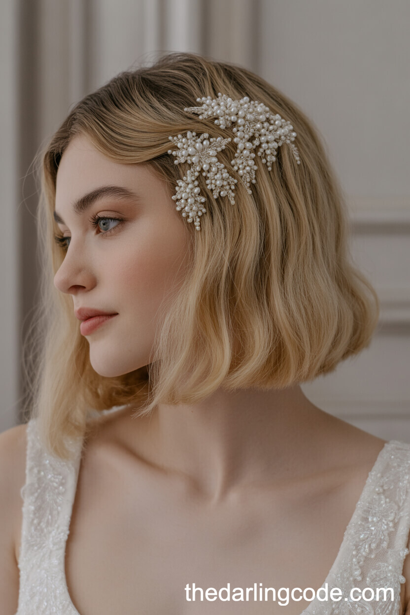 Blunt Glossy Bob With Pearlescent Hairpins