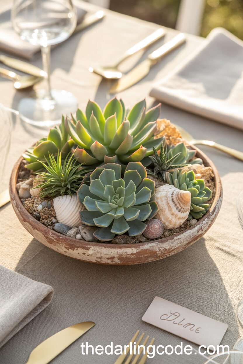 Succulent And Seashell Table Centerpiece