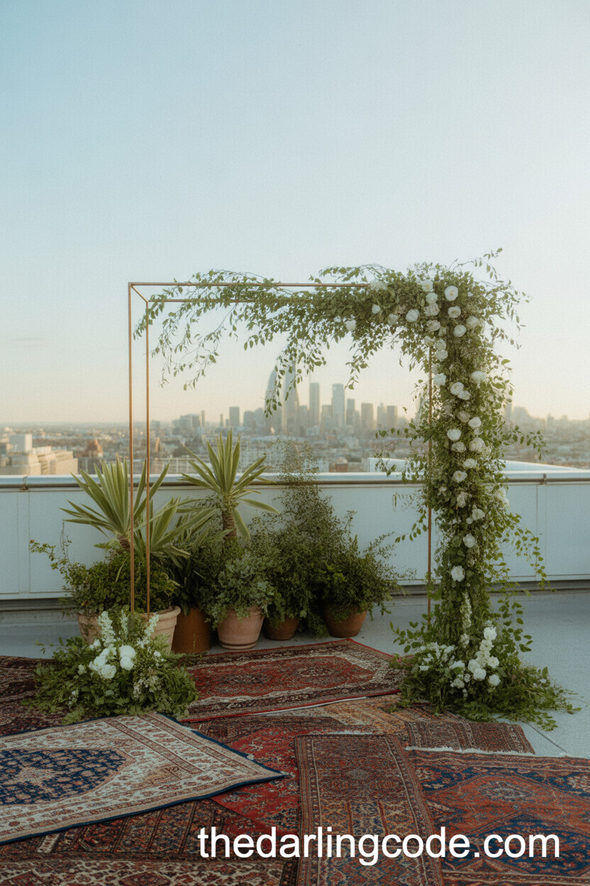 Rooftop Backdrop Of Layered Rugs, Greenery, And Metal Arch