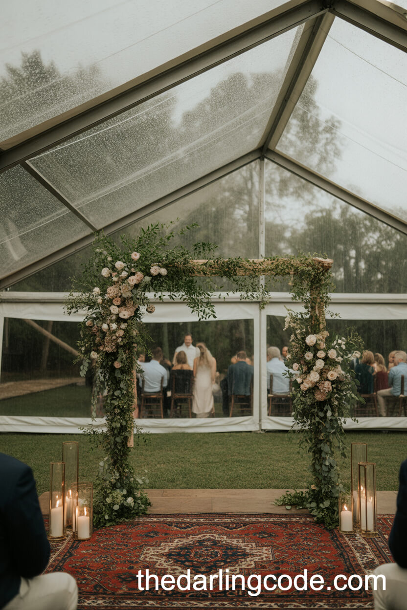 Greenery And Blush Florals On Wooden Frame Under A Clear Tent