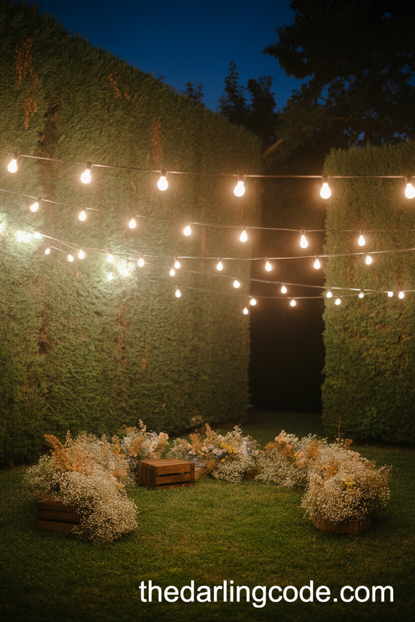 Illuminated Curtain Of Edison Bulbs And Wildflowers At Night