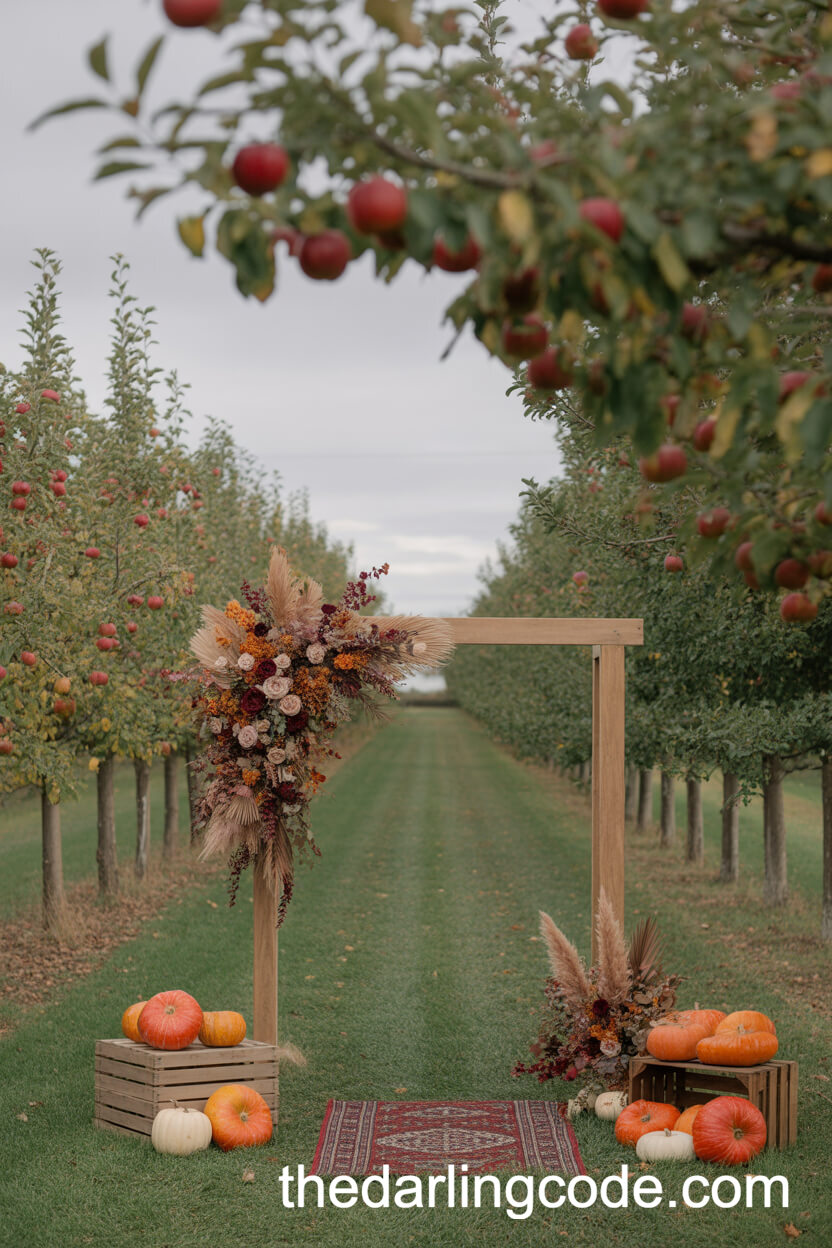 Wooden Arch With Autumn Florals Among Orchard Trees