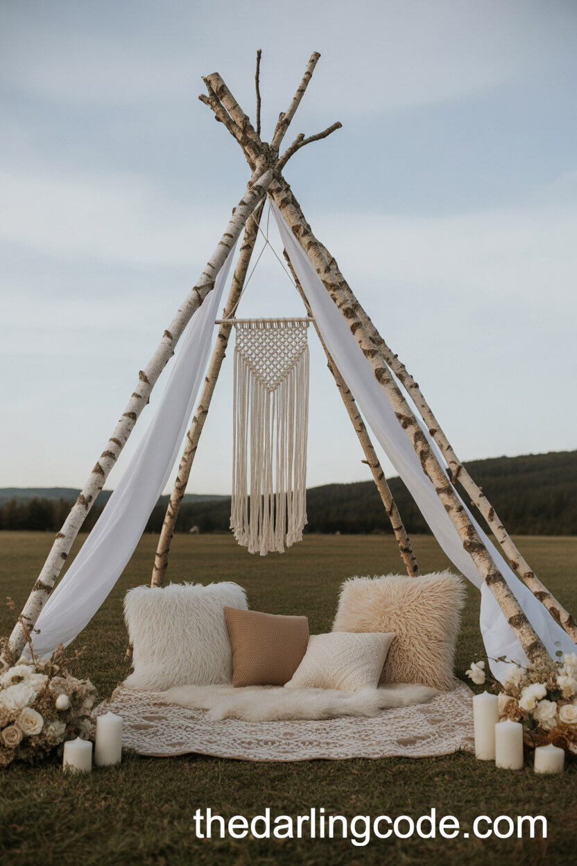 Birch Teepee Draped In Macramé And Flowing White Fabric