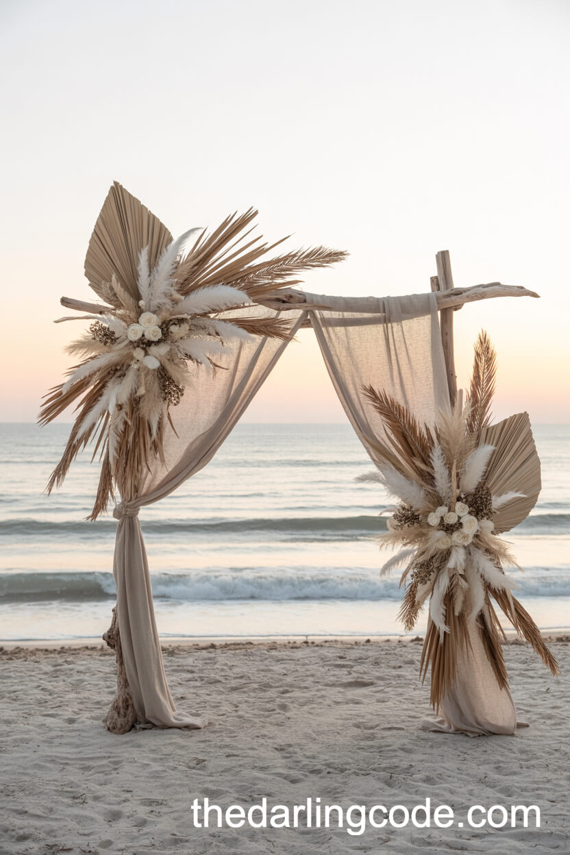Driftwood Arch With Feathers And Linen On The Shoreline