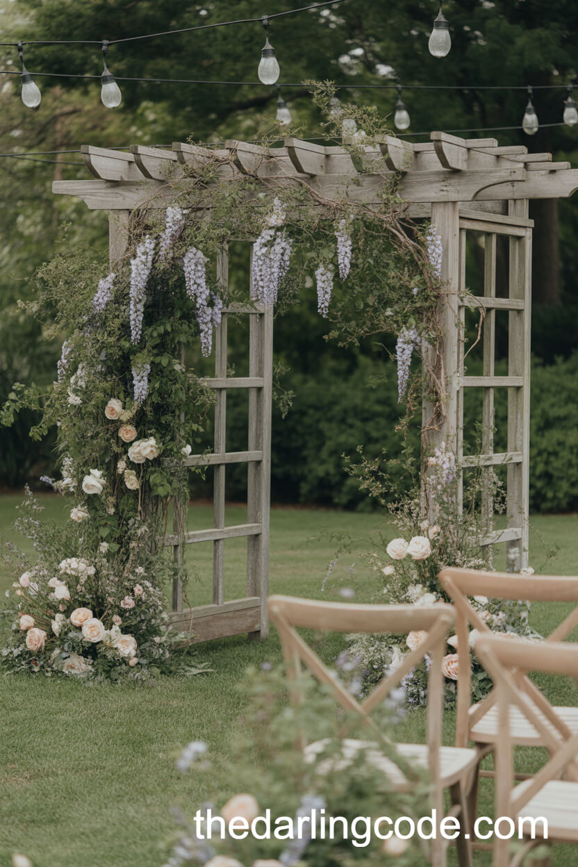 Blooming Arbor With Wisteria And Lanterns In A Garden
