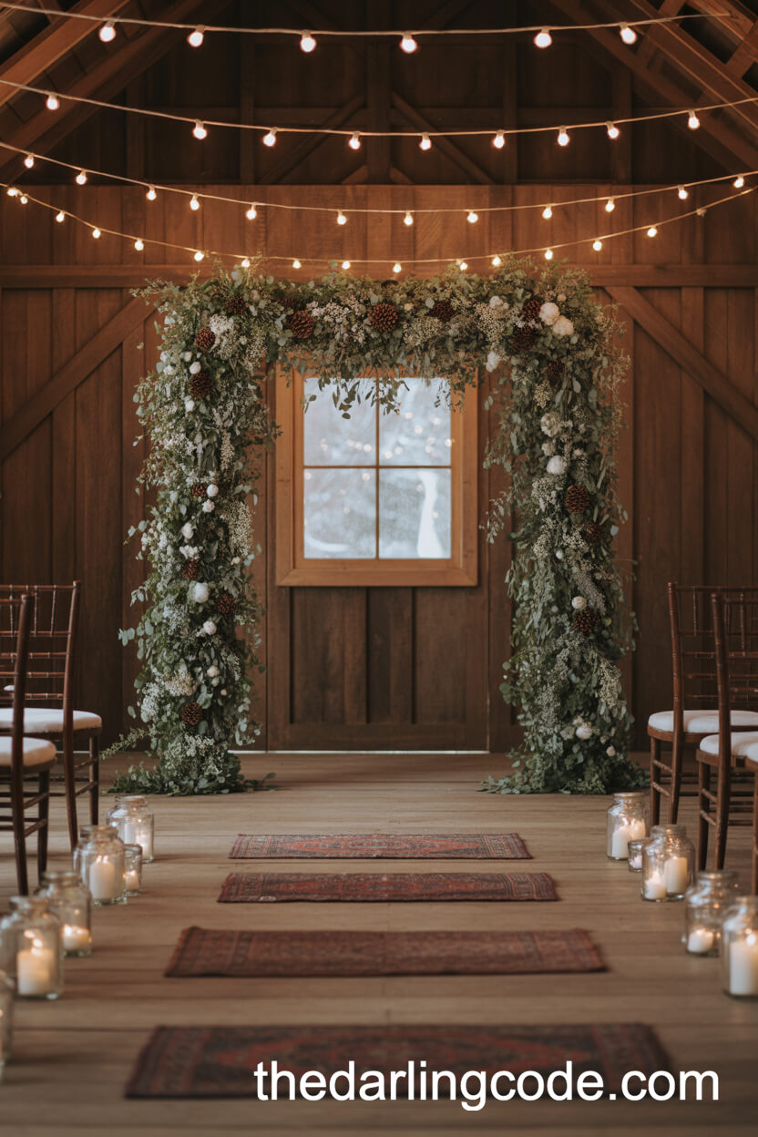 Greenery And Winter Florals With Fairy Lights In A Barn Ceremony