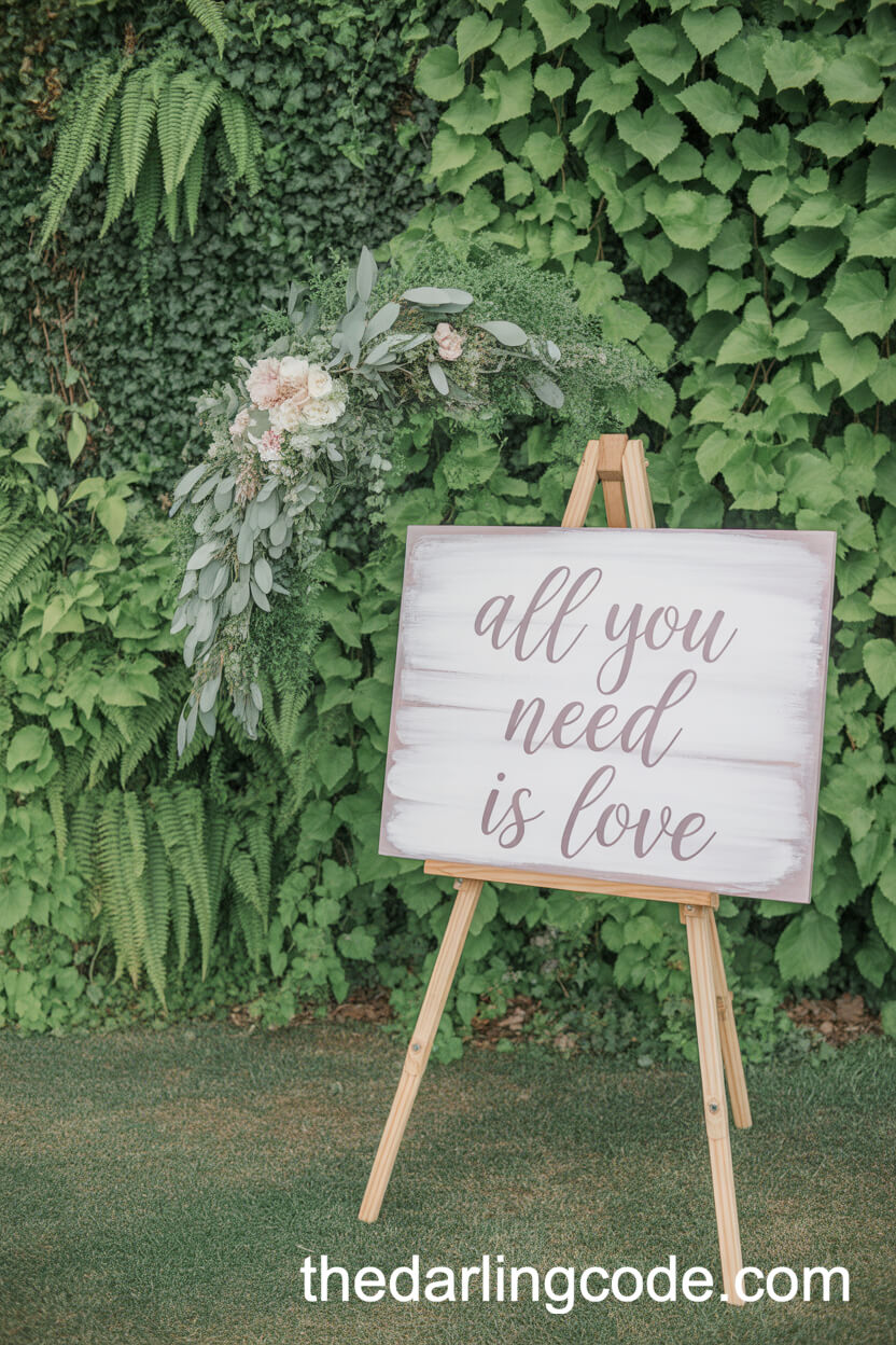 Living Greenery Wall With Pastel Script Signage