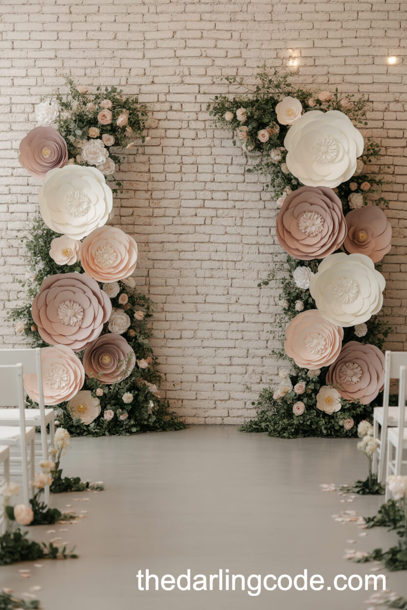 Whitewashed Brick Wall With Giant Paper Flowers And Greenery