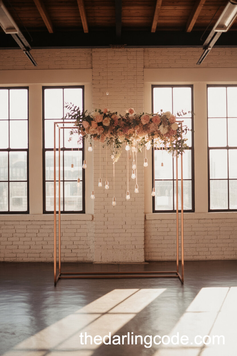 Modern Copper Arch With Hanging Florals In A Repurposed Loft