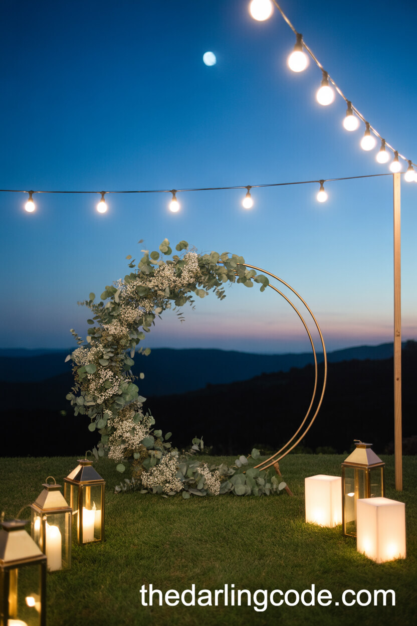Crescent Moon Arch Wrapped In Eucalyptus Under String Lights
