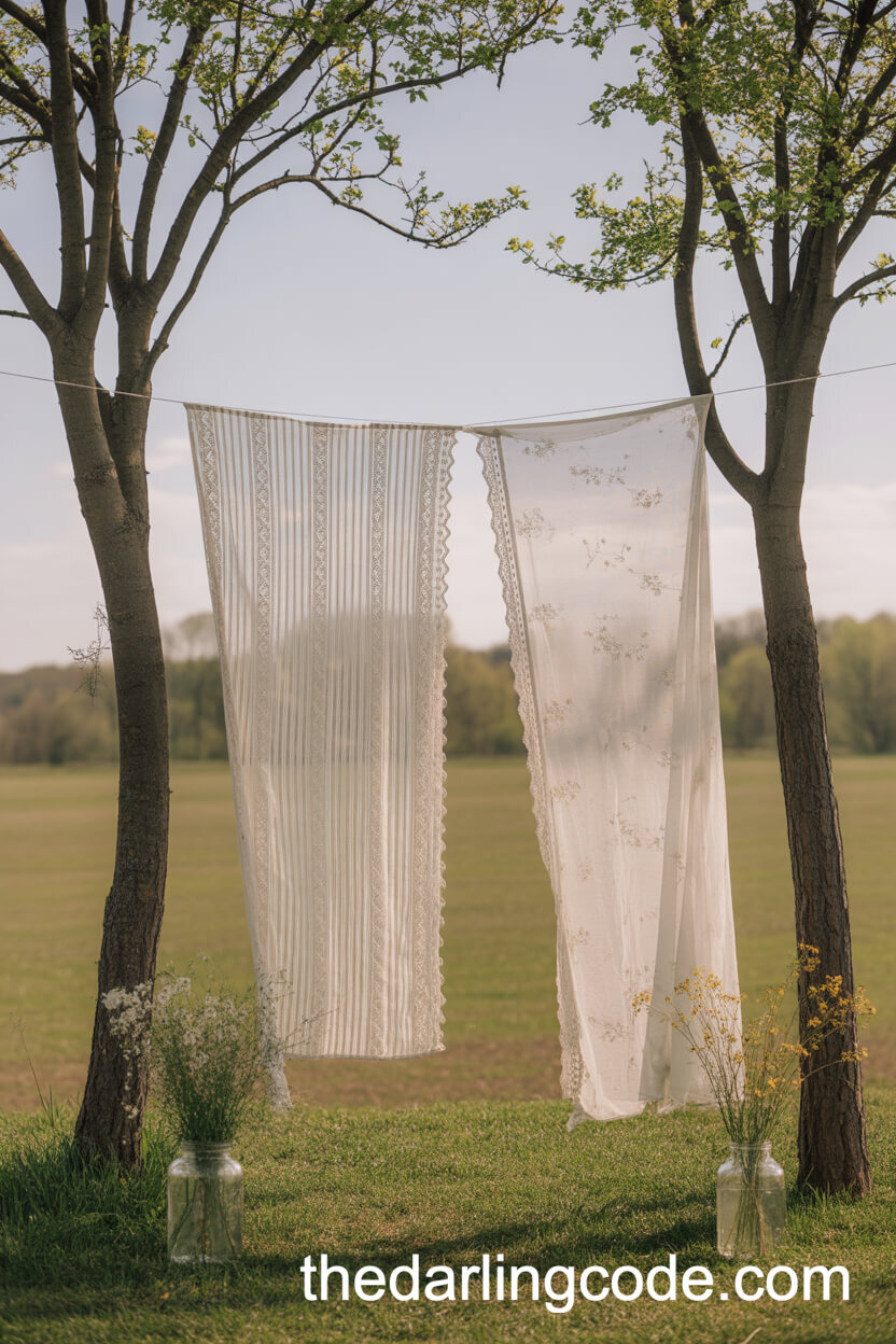 Vintage Lace Curtains Floating Between Trees In An Open Field