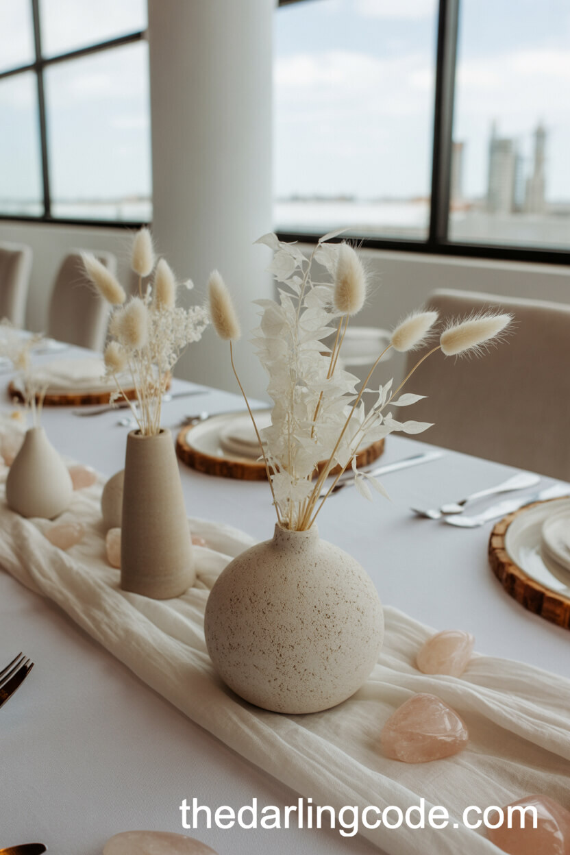 Minimalist Dried Lunaria And Stone Vase Centerpieces