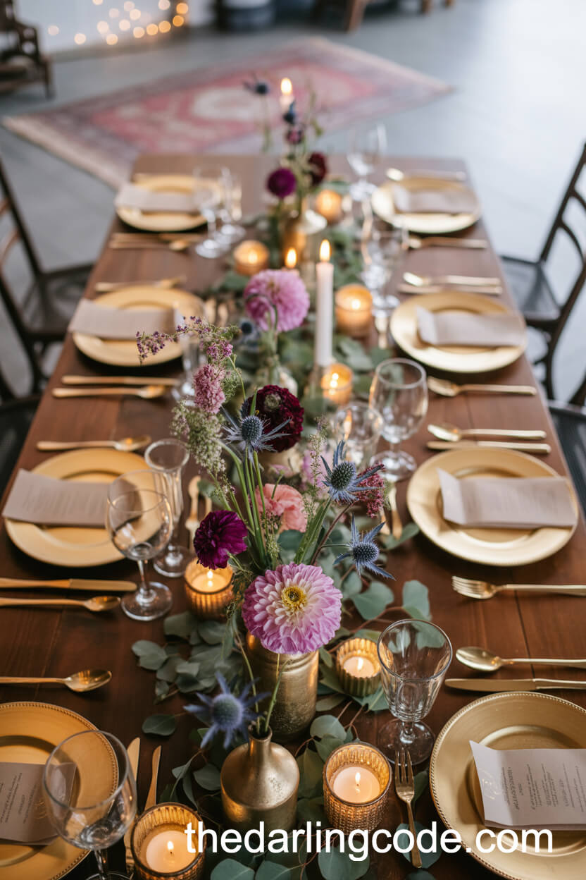 Jewel-Tone Wildflower And Antique Glass Centerpieces