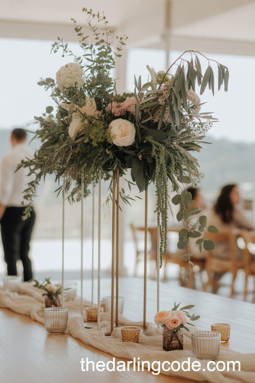 Elevated Greenery And Gold Stand Centerpieces