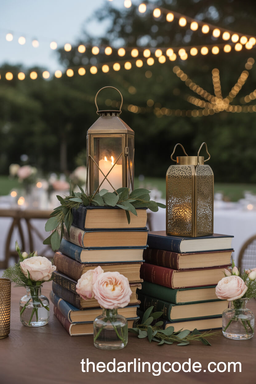 Vintage Books And Brass Lantern Centerpieces