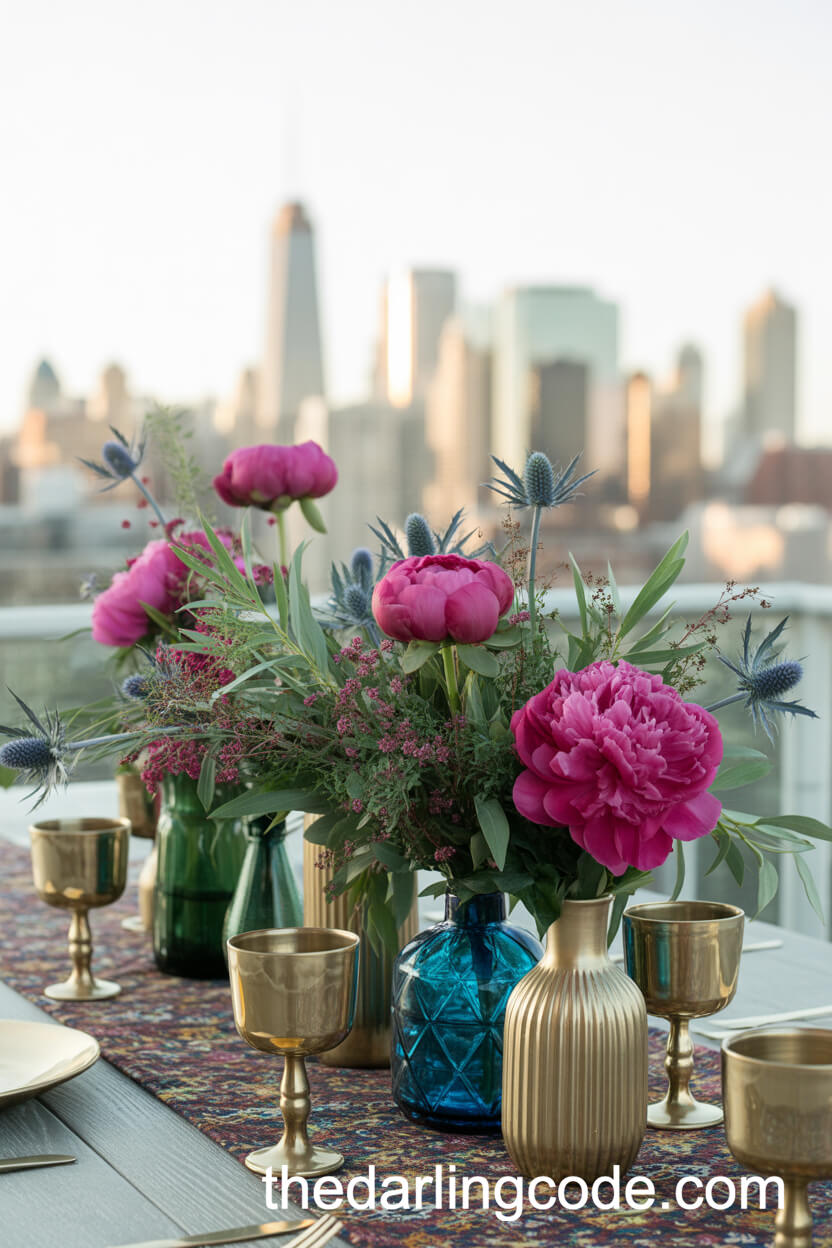 Magenta Peonies And Gold Accent Boho Centerpieces