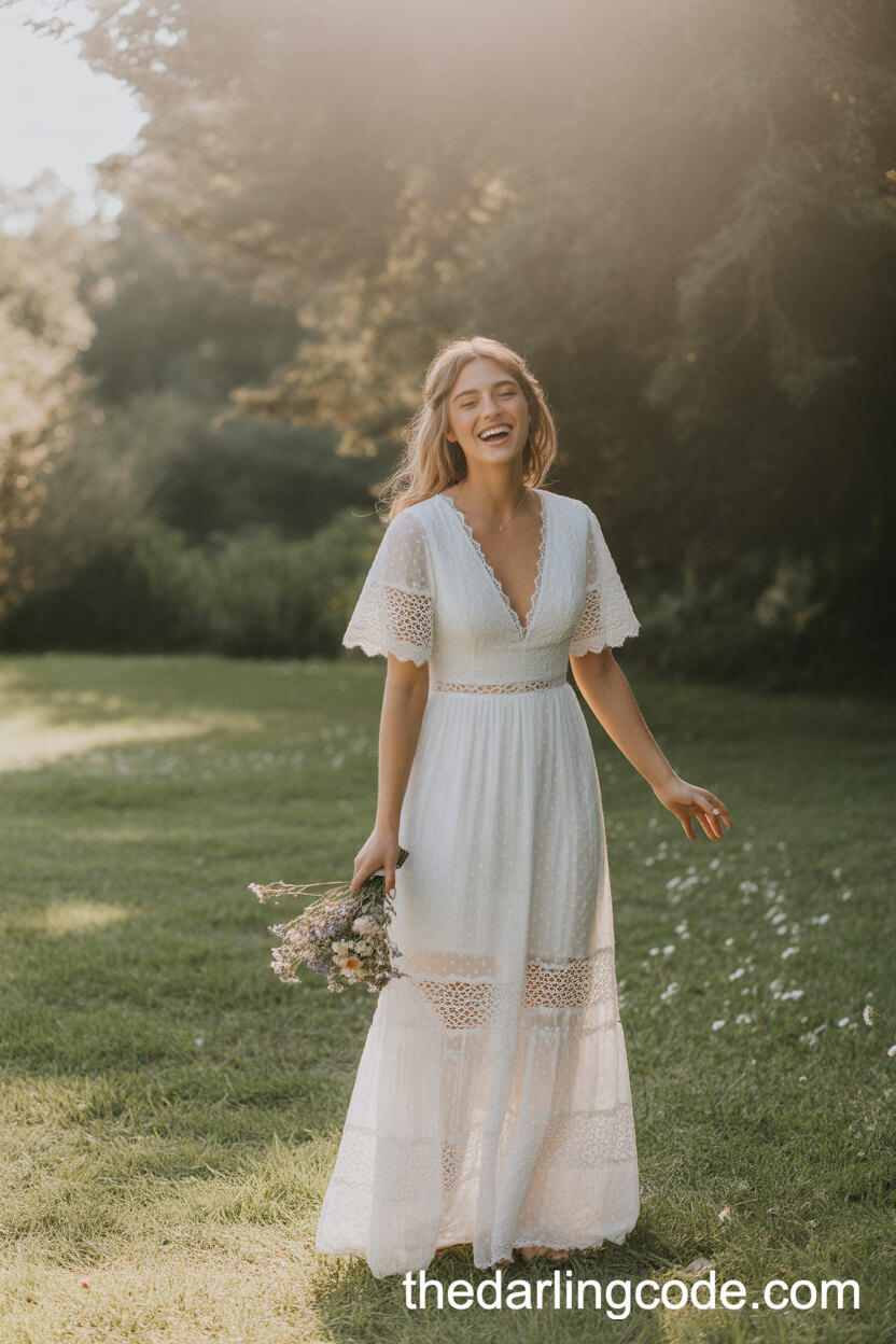 Classic White Lace Boho Wedding Dress In A Sunlit Garden