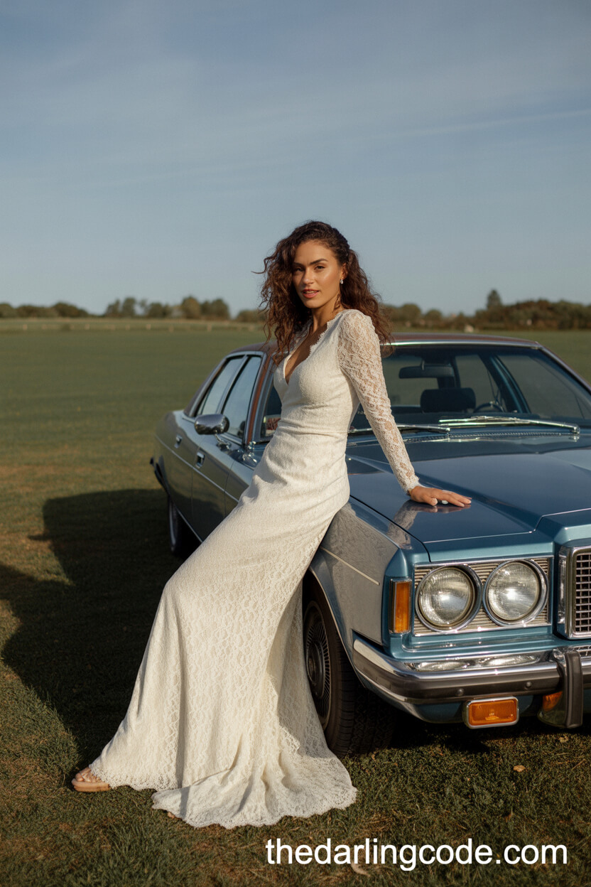 Long-Sleeve Lace Boho Wedding Gown Beside A Vintage Car