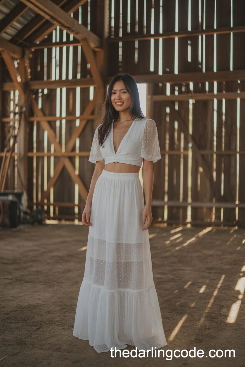 Two-Piece Crop Top Boho Wedding Dress In A Rustic Barn