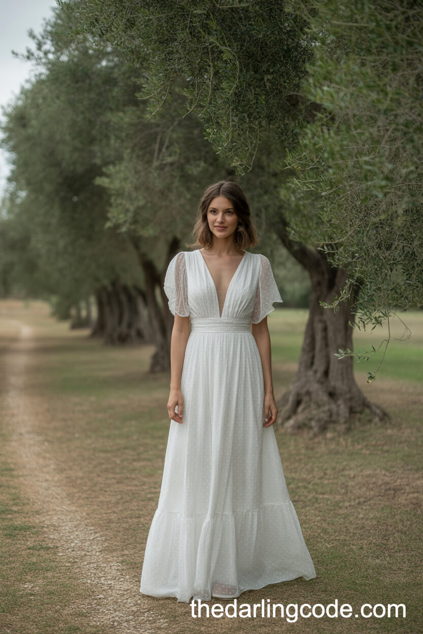 Deep V-Neck Romantic Boho Wedding Dress Among Olive Trees