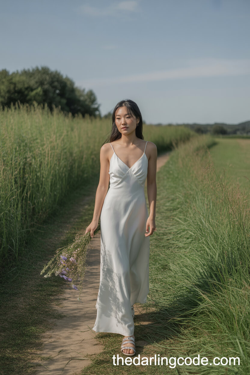 Simple Boho Slip Wedding Dress On A Sunny Farm Path