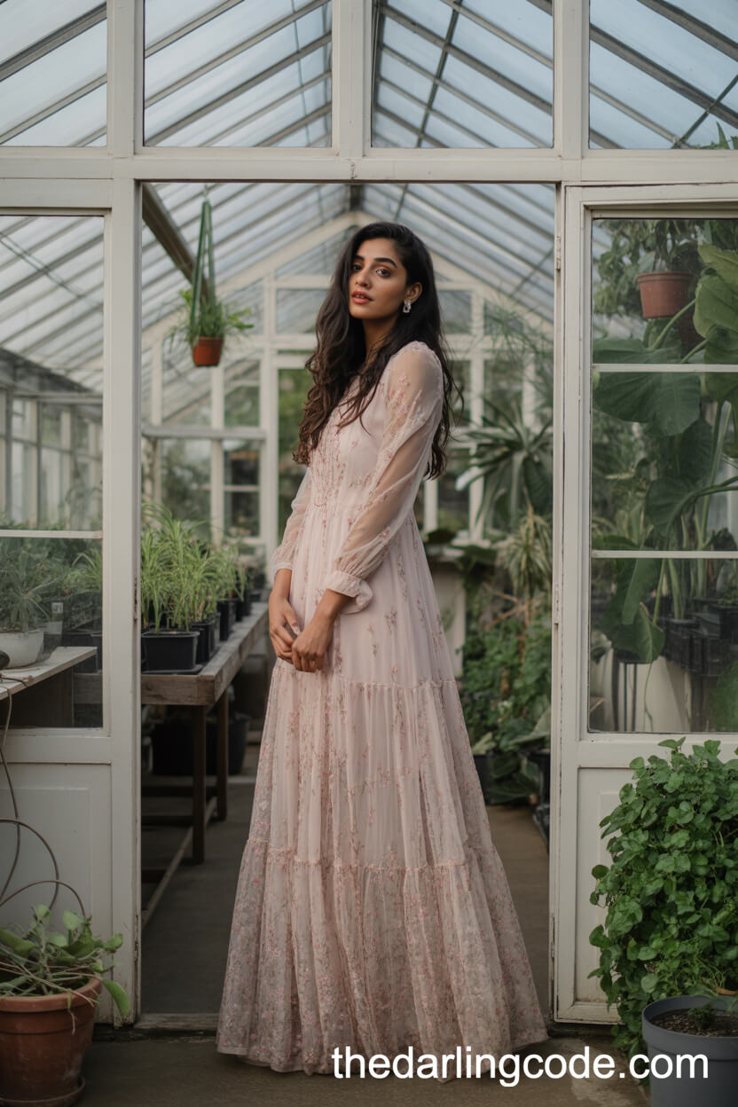 Sheer-Layered Floral Embroidered Boho Gown In A Greenhouse
