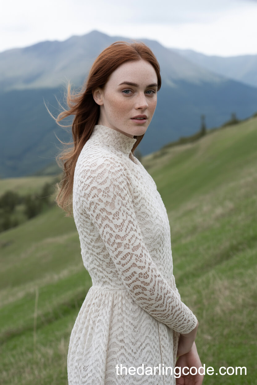 High-Neck Modest Lace Boho Dress On A Mountain Hill