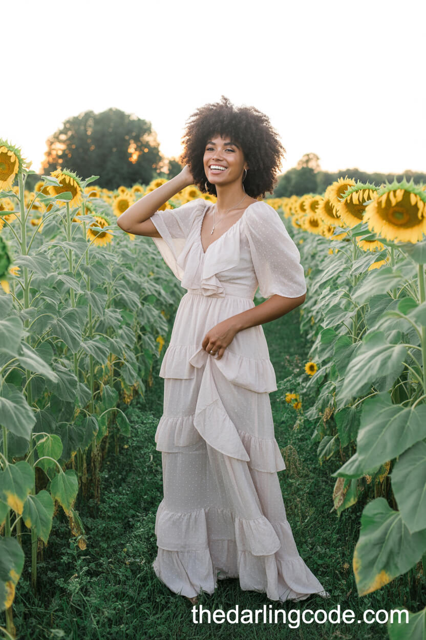 Ruffled Layered Boho Wedding Dress In A Sunflower Field