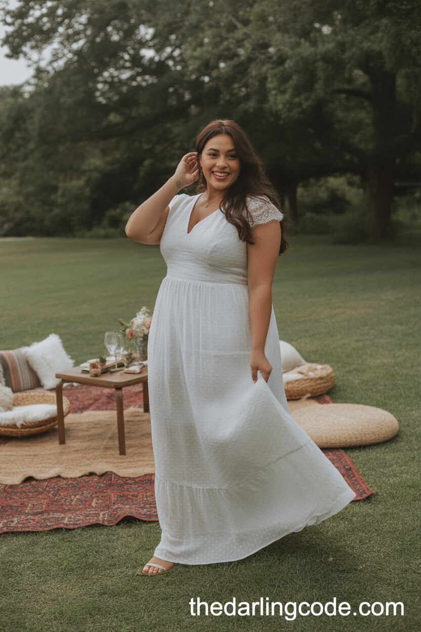 Cap-Sleeve Flowing Boho Wedding Dress At A Picnic In The Park