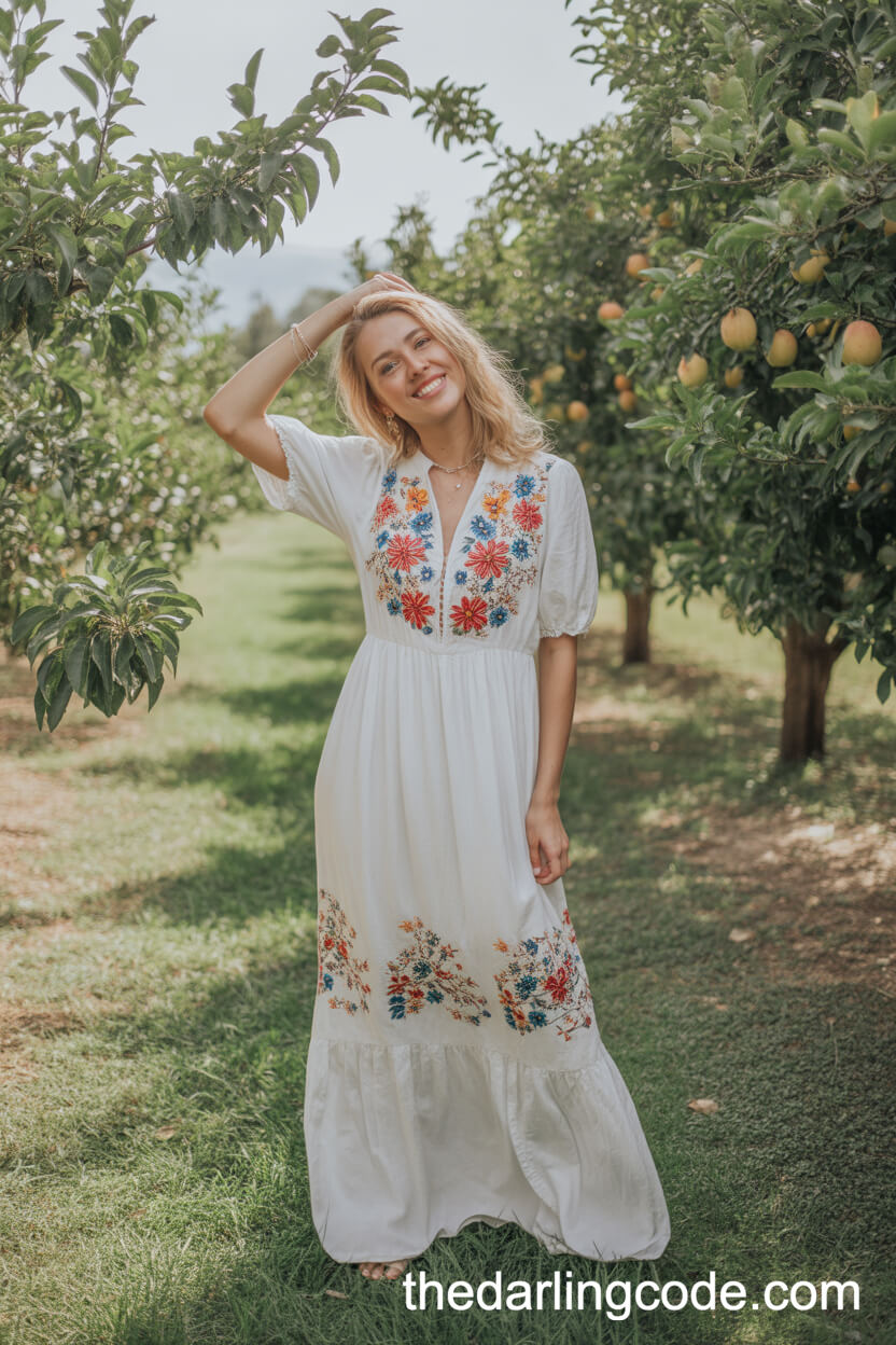 Boho Wedding Dress With Colorful Floral Embroidery In A Fruit Orchard