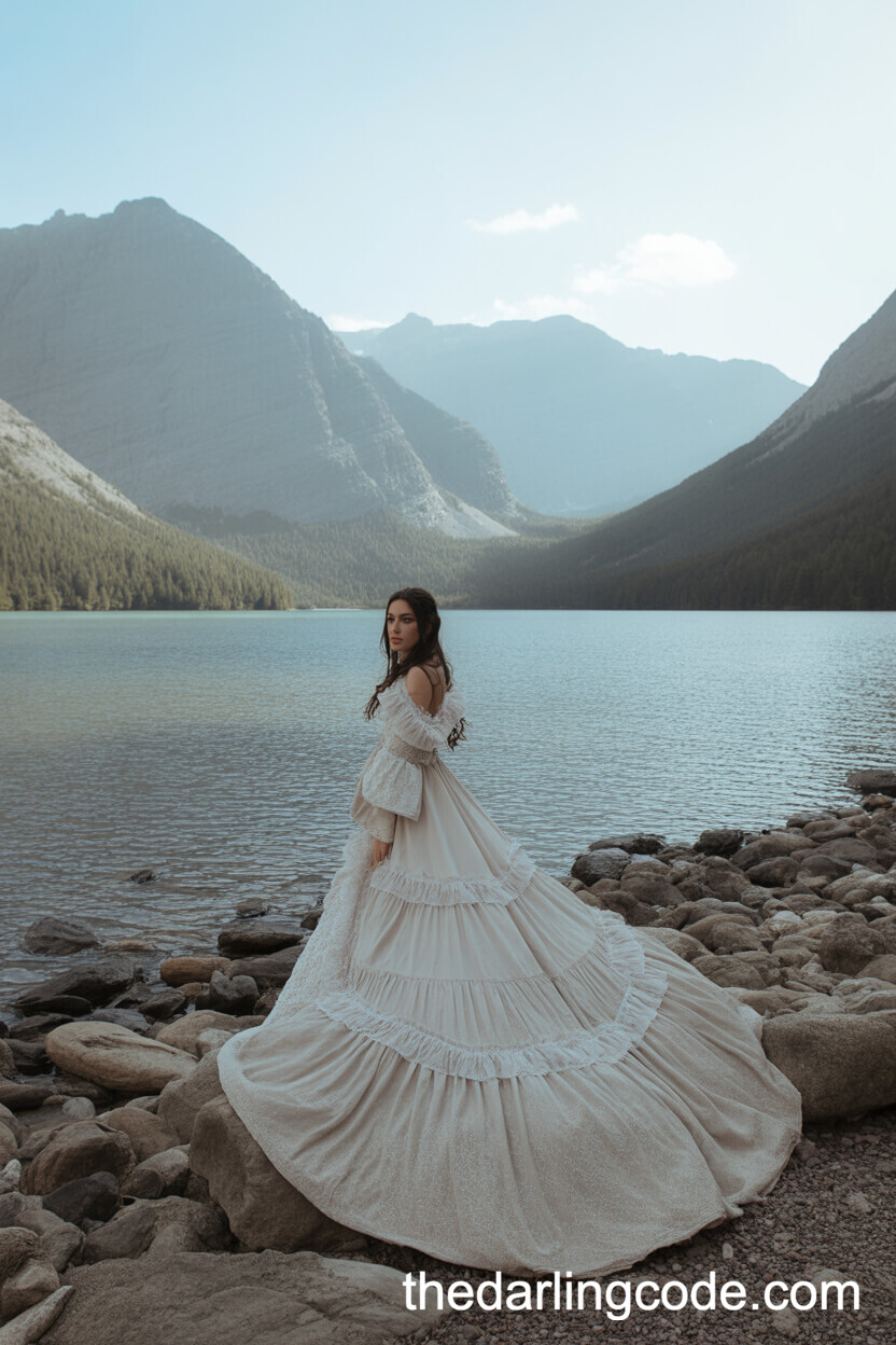 Dramatic Boho Wedding Dress With Long Train At A Mountain Lake