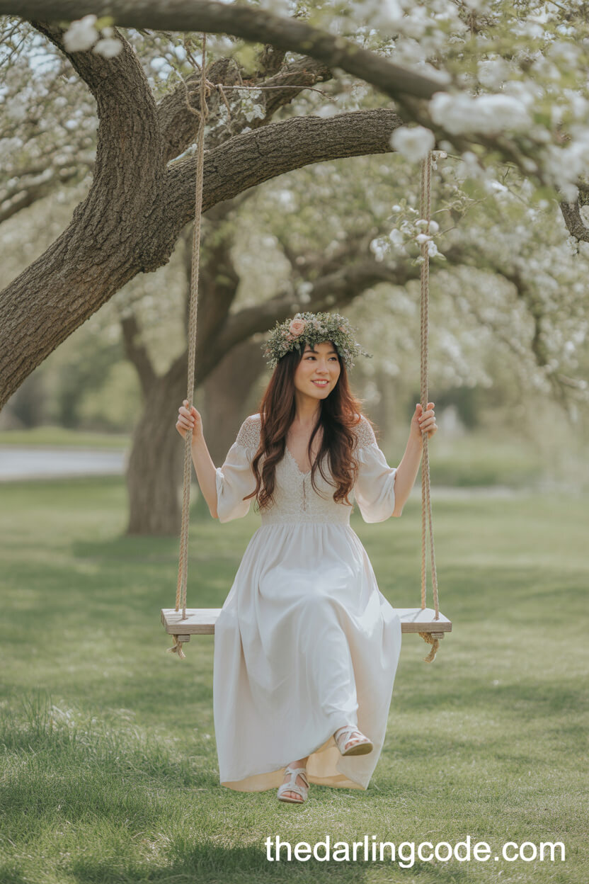 Flowing Boho Wedding Dress With Floral Crown On A Wooden Swing
