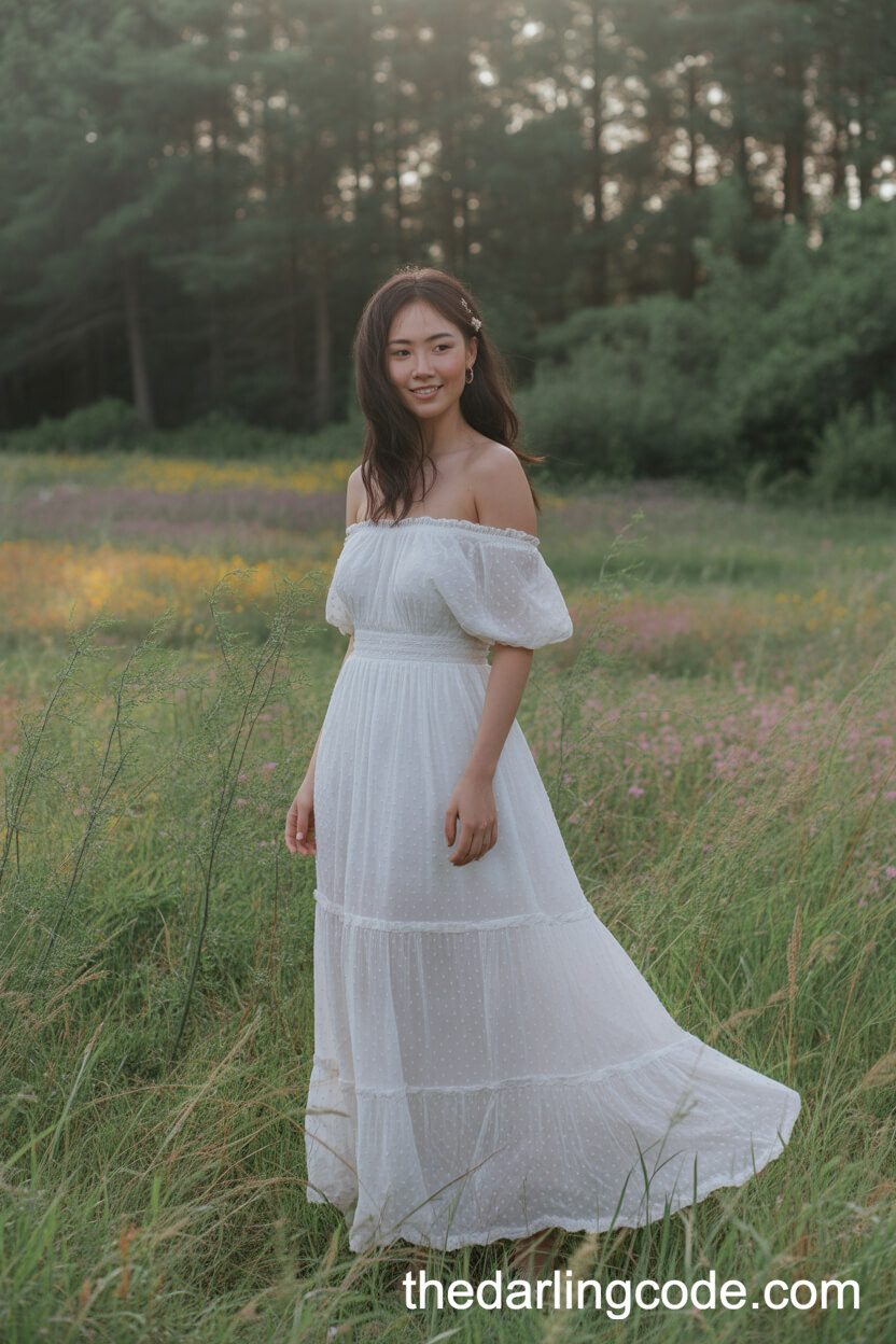 Off-The-Shoulder Ethereal Boho Wedding Dress In A Meadow