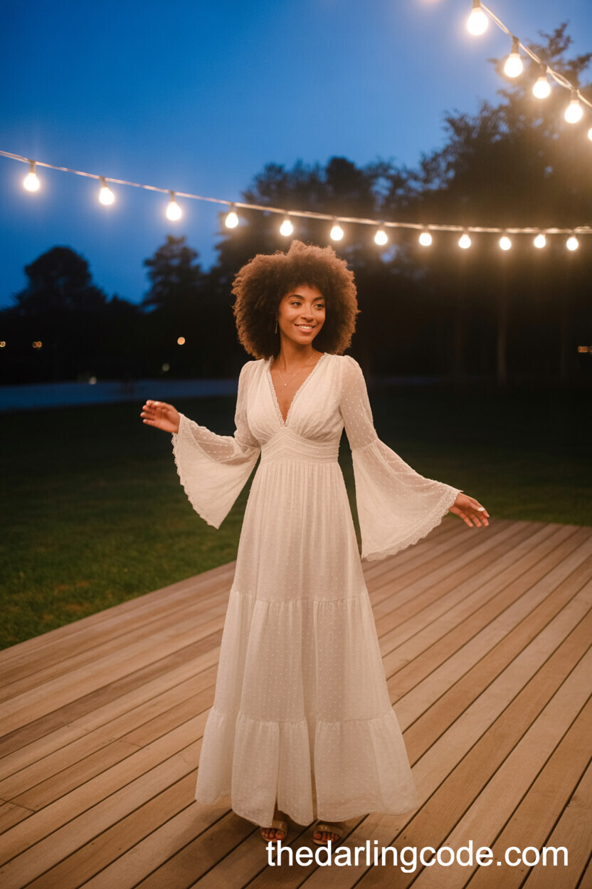 Vintage-Inspired Bell Sleeve Boho Wedding Dress Under String Lights